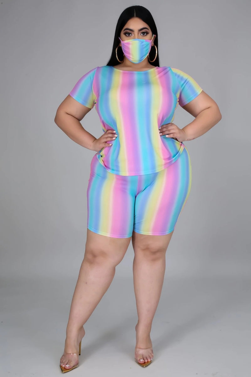 Rainbow Stripe Printed Short-Sleeved Shorts Two-Piece Set Wholesale Womens Clothing Without Mask
