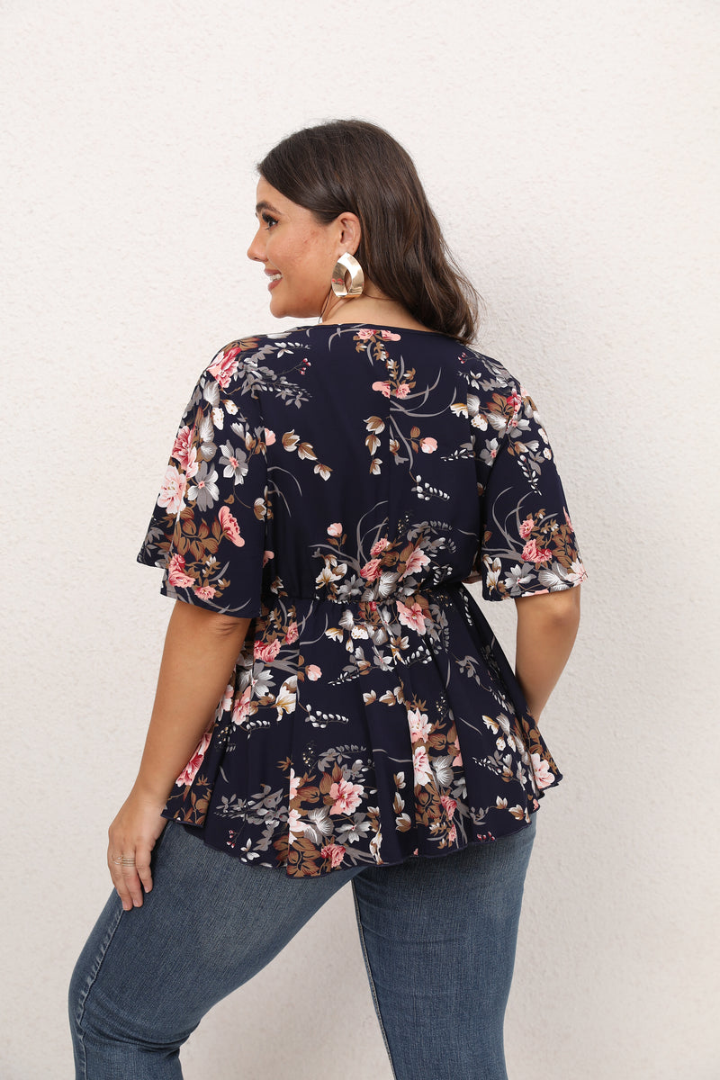 Wholesale Plus Size Womens Clothing Printed Irregular Short-Sleeved Low-Cut Top