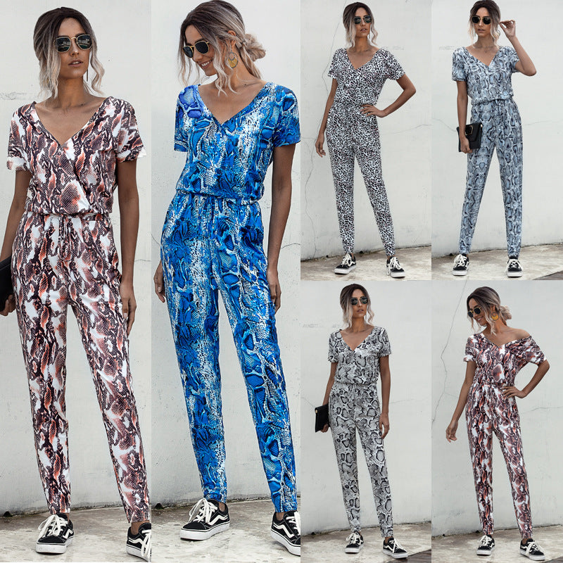 V-Neck Leopard Print Jumpsuit Wholesale Womens Clothing N3824042900062