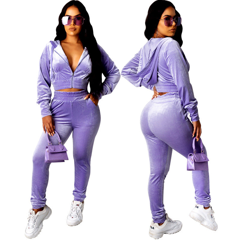 Casual Solid Color Long Sleeve Zipper Hooded Top And Pants Set Wholesale Women'S 2 Piece Sets