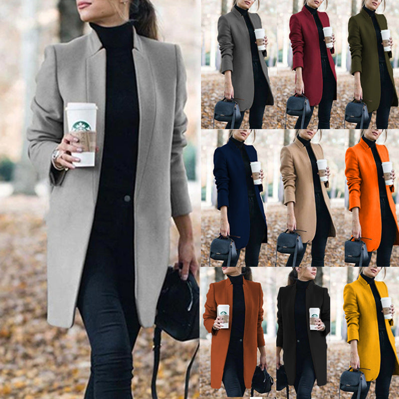 Fashion Solid Color Long Sleeve Stand-Up Collar Tweed Coat Wholesale Womens Clothing