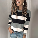 Fashion Long Sleeve Color Block Stripe Pullover Knit Sweater Wholesale Womens Tops