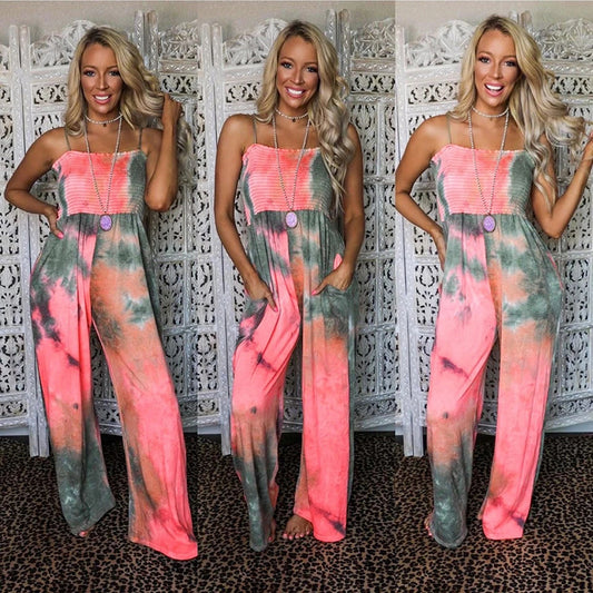 Loose Printed One Neck Plunge Mid Waist Camisole Jumpsuit Wholesale Jumpsuits