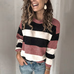 Fashion Long Sleeve Color Block Stripe Pullover Knit Sweater Wholesale Womens Tops