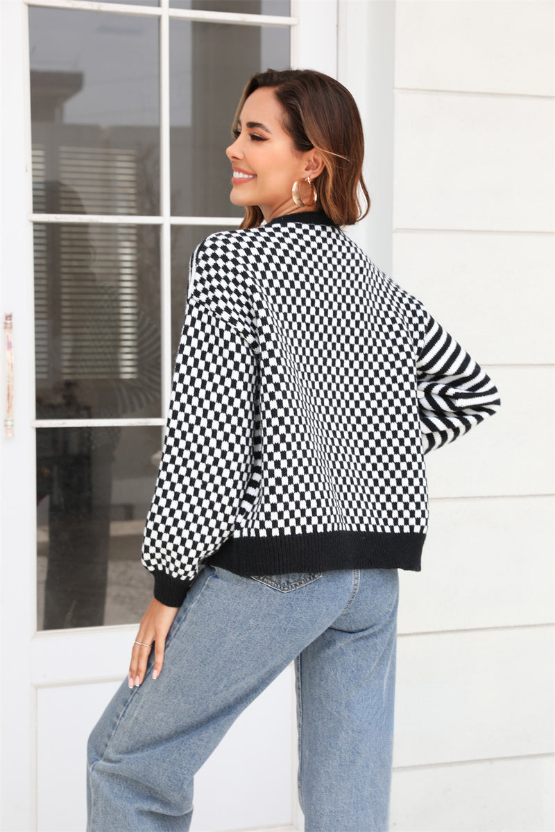 Knit Plaid Stitching Stripe Button Up Cardigan Sweater Wholesale Women'S Top