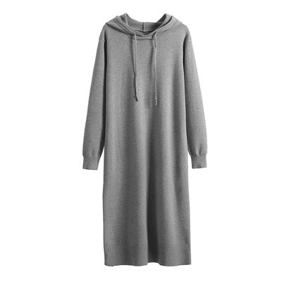 Loose Drawstring Solid Color Hooded Knitted Sweater Dress Wholesale Dresses