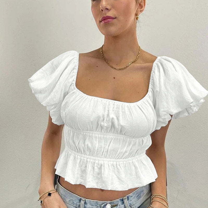 Lantern Sleeve Square Neck Ruffle Pleated Crop Tops Wholesale Women'S Tops