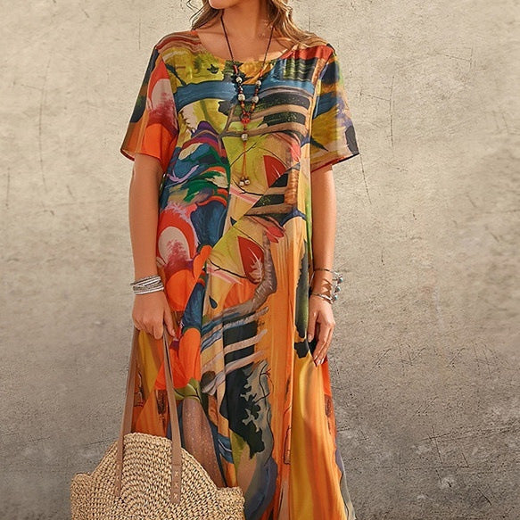 Casual Printed Summer Short Sleeve Tunic Round Neck Loose Beach Dress Wholesale Womens Clothing N3823070300207
