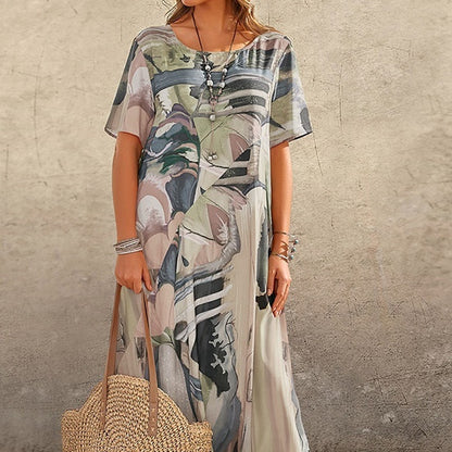 Casual Printed Summer Short Sleeve Tunic Round Neck Loose Beach Dress Wholesale Womens Clothing N3823070300207