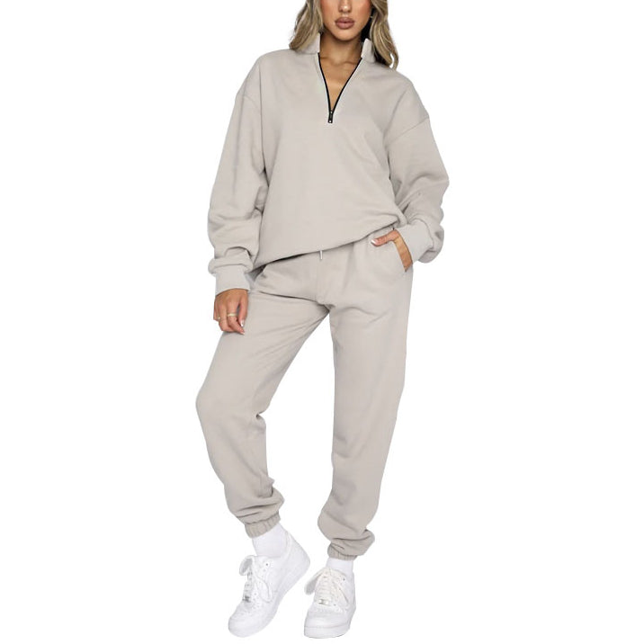 Solid Color Stand Collar Zipper Pullover Sweatshirt And Pants Two-Piece Set Wholesale Womens Clothing N3823103000008