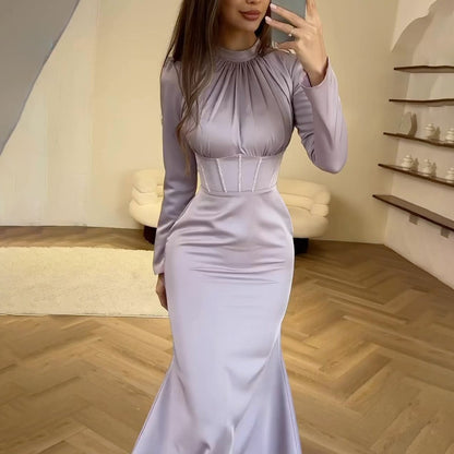 Women's Slim Long Sleeve Pleated Strap Irregular Maxi Dresses Wholesale Womens Clothing N3823122100003