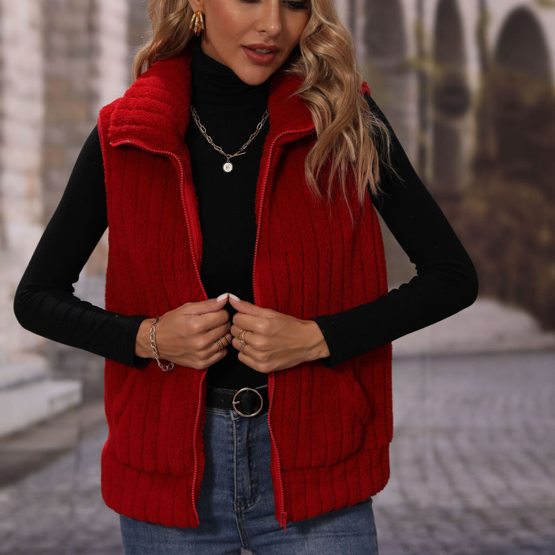 Lapel Sleeveless Loose Stripe Zip Plush Casual Vest Jacket Wholesale Womens Clothing N3823111600032