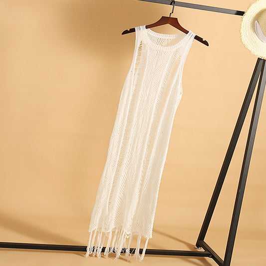 Fringed Knitted Handhook Bikini Cover Up Beach Tank Dress Wholesale Womens Clothing N3823112800013