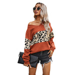 Simple V-Neck Color Blocked Leopard Print Sweater Wholesale Womens Tops