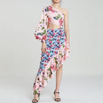 Asymmetrical Bandeau One-Sleeve Waisted Floral Patchwork Dress Wholesale Womens Clothing N3823081800007