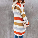 Fashion Long Colorblocked Striped Pocket Knit Cardigan Wholesale Womens Clothing