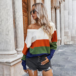 Classic Long-Sleeved V-Neck Striped Collision Sweater Wholesale Womens Tops