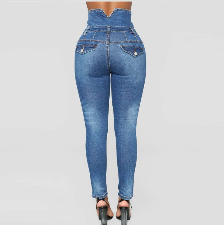 High-Waisted Four-Breasted Stretch-Fit Denim Trousers Wholesale Womens Clothing N3823120600150