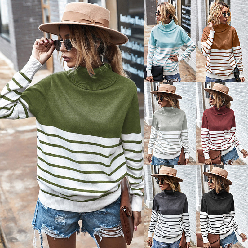 Fashion High Neck Striped Long Sleeve Sweater Wholesale Womens Tops