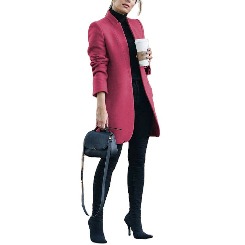 Fashion Solid Color Long Sleeve Stand-Up Collar Tweed Coat Wholesale Womens Clothing