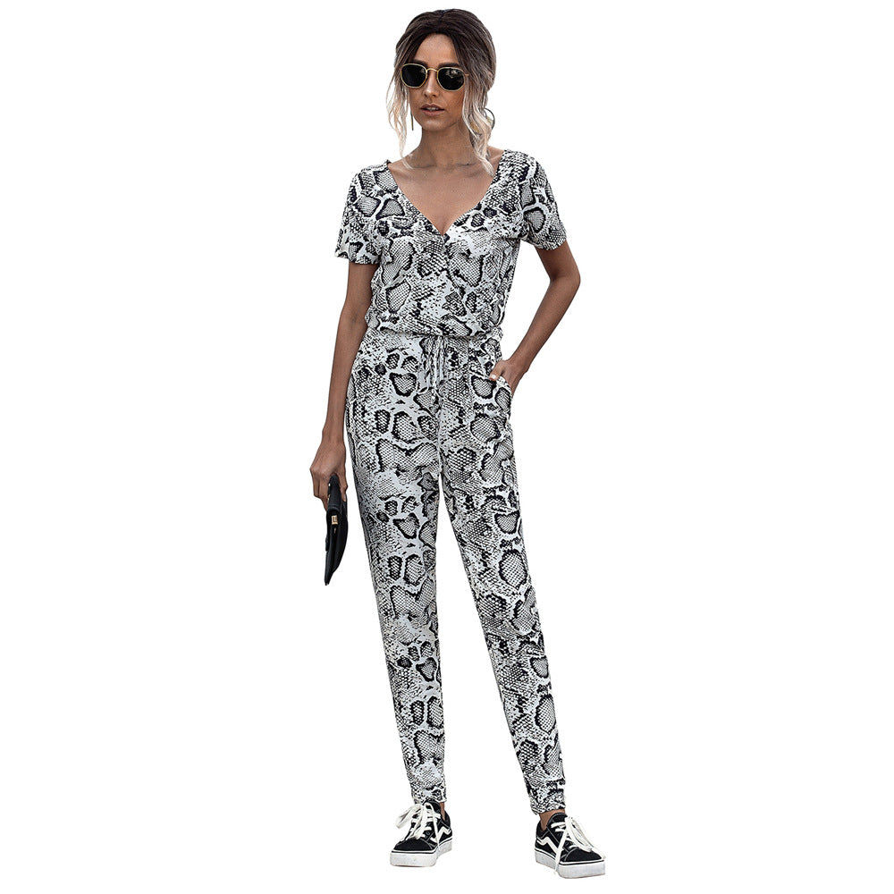 V-Neck Leopard Print Jumpsuit Wholesale Womens Clothing N3824042900062