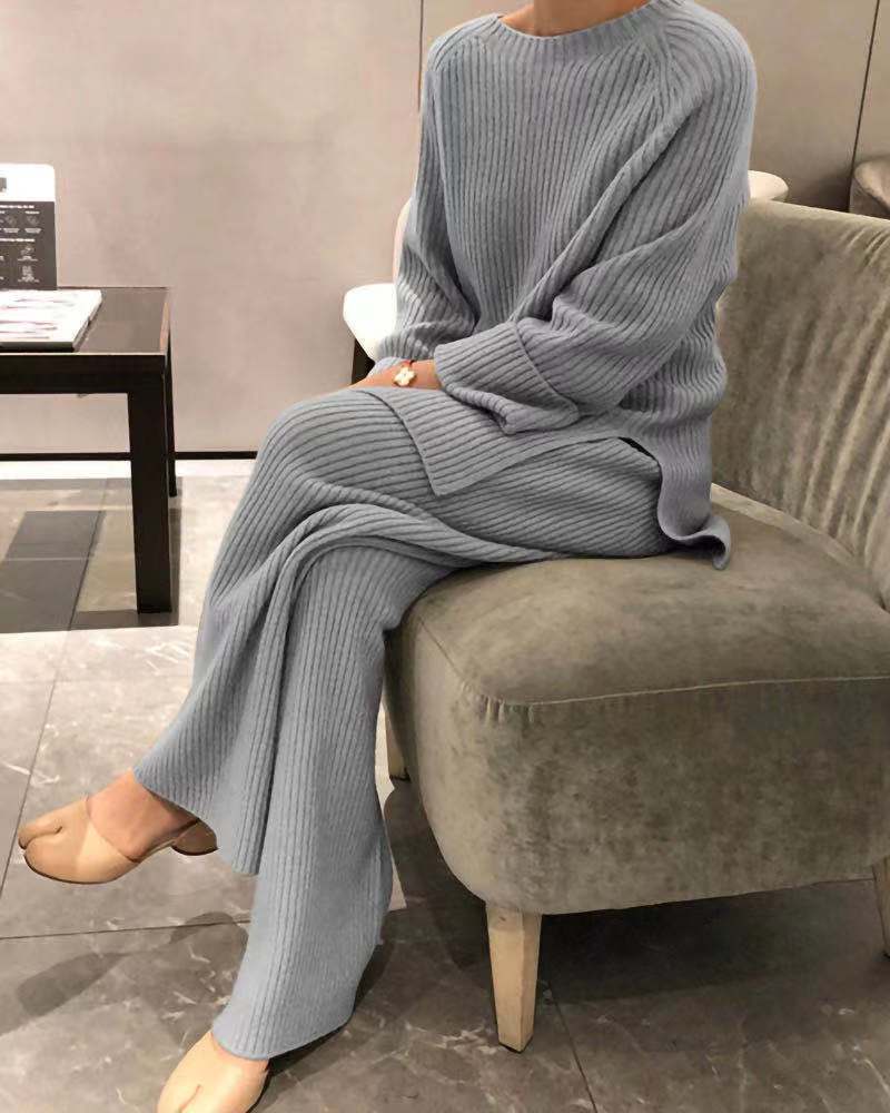 Long-Sleeved Solid Color Knitted Casual Two-Piece Set Wholesale Women'S Clothing