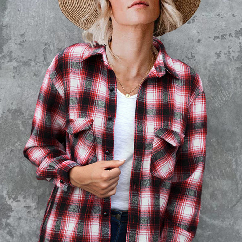 Plaid Button Down All-Match Casual Loose Lapel Shirt Wholesale Women'S Top