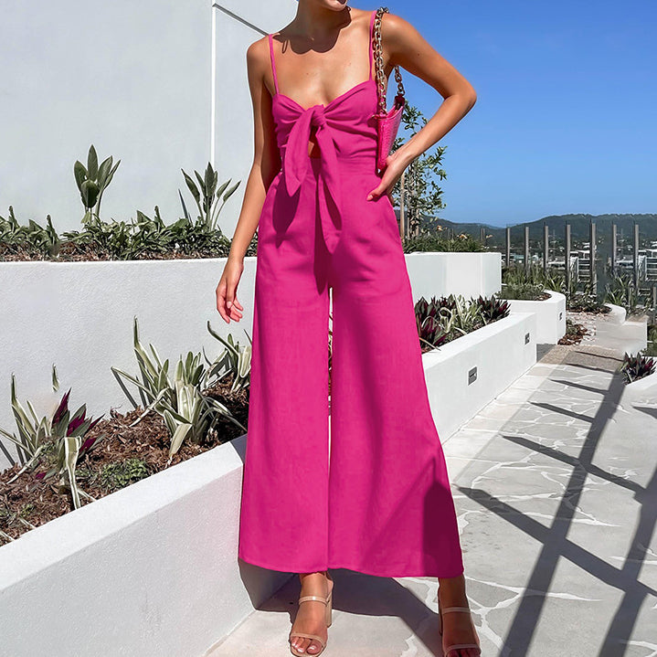 Slim Sling Bowknot Solid Color Hollow Jumpsuit Wholesale Womens Clothing
