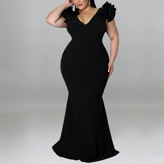 Wholesale Women Plus Size Clothing Tight Ruffled Sleeves Open Back Dress