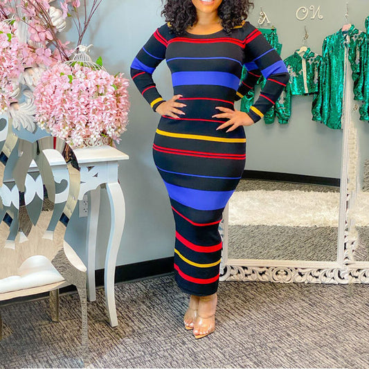 Casual Long Sleeve Colorblocked Striped Round Neck Dress Long Wholesale Dresses