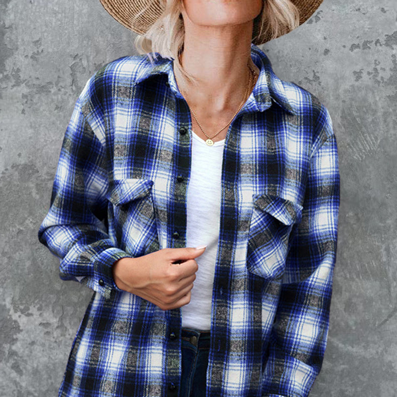 Plaid Button Down All-Match Casual Loose Lapel Shirt Wholesale Women'S Top