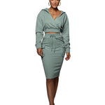 Solid Color V-Neck Hooded Midi Skirt Casual Sweater Set Wholesale Womens 2 Piece Sets N3823103000048
