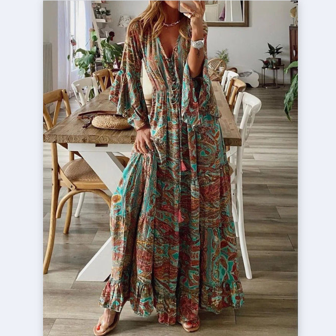 Bohemian Trumpet Sleeve Printed Low-Cut Tassel Dress Wholesale Dresses N4623051700085