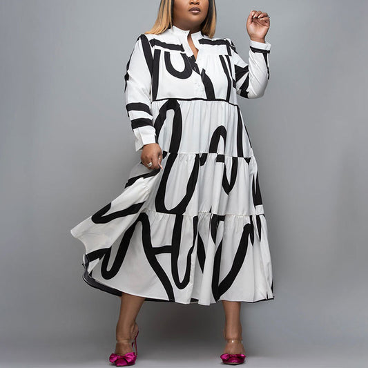 Wholesale Women Plus Size Clothing Printed Commuter Contrast Color Long-Sleeved Dress