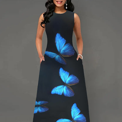 Fashion Butterfly Print Round Neck Sleeveless A-Line Dress Wholesale Dresses