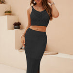 Rhombus Stripe Stitching Sleeveless Crop Tops Slit Skirt Suit Wholesale Women'S Clothing