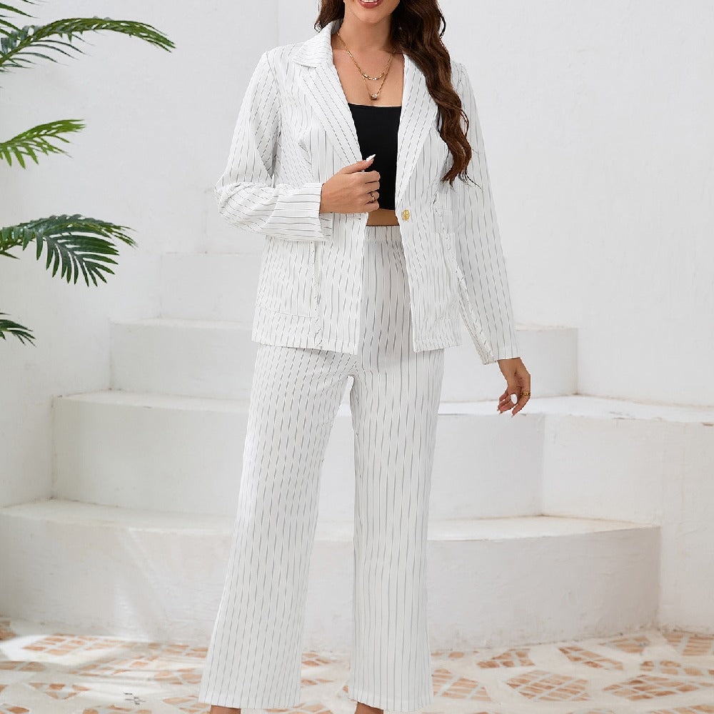 Striped Lapel Blazer Straight Pants 2 Piece Set Wholesale Womens Clothing N3824082300052