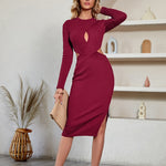Casual Solid Colour Waisted Hollow Out Long Sleeve Dress Wholesale Dresses