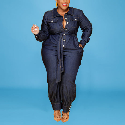 Wholesale Women Plus Size Clothing Wash Long Sleeve Button Down Denim Jumpsuit