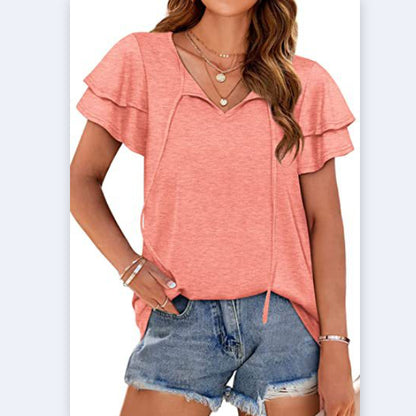 Casual Solid Color V-Neck Tie With Ruffle Sleeve T-Shirt Wholesale Women'S Top