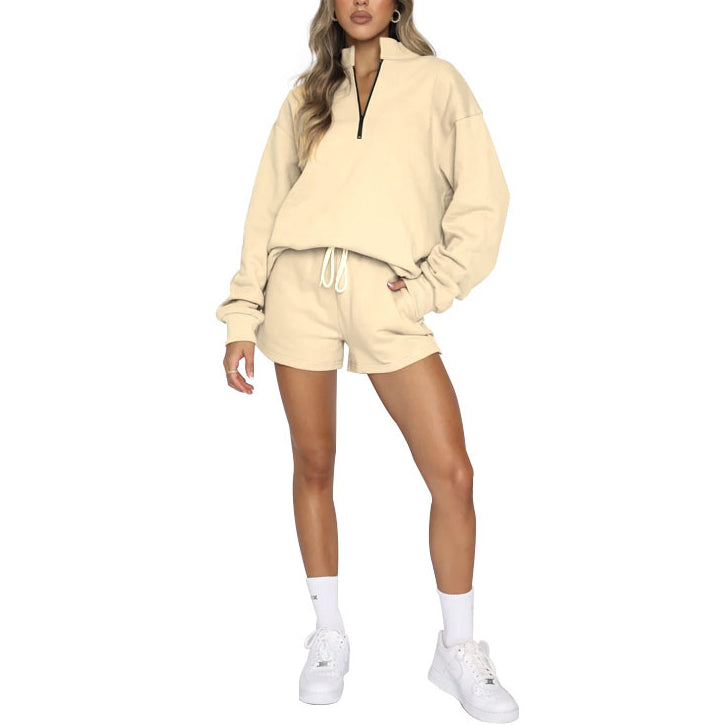 Solid Color Stand Collar Zipper Pullover Sweatshirt And Shorts Set Wholesale Womens Clothing N3823103000018