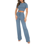 Solid Color High-Elastic Ribbed Cropped Tops And Wide-Leg Pants Two-Piece Set Wholesale Womens Clothing N3823103000015