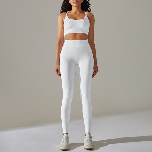 Seamless Tight Sports Crop Tops Breathable Leggings Solid Color Two-Piece Wholesale Womens Clothing