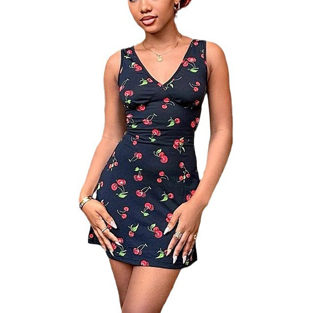 Sexy V Neck Strap Dress Cherry Print Wholesale Womens Clothing N3823111100005