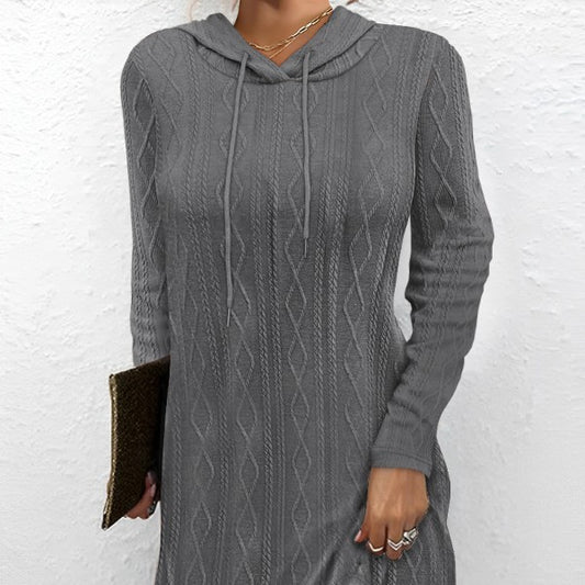 Solid Colour Long Sleeve Hooded Pullover Knitted Dress Wholesale Dresses