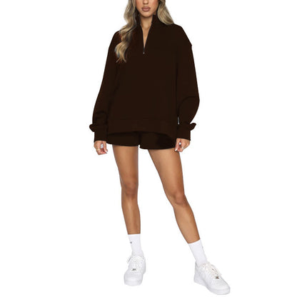 Solid Color Stand Collar Zipper Pullover Sweatshirt And Shorts Set Wholesale Womens Clothing N3823103000018