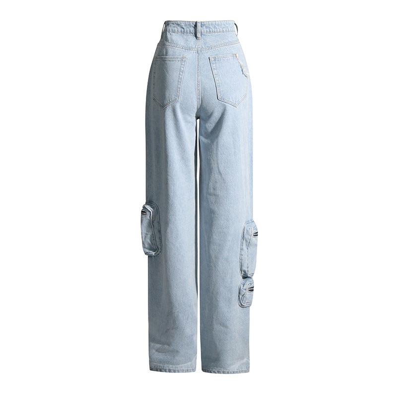Vintage Wash High Rise Zippered Oversized Pocket Cargo Jeans Wholesale Women'S Bottom
