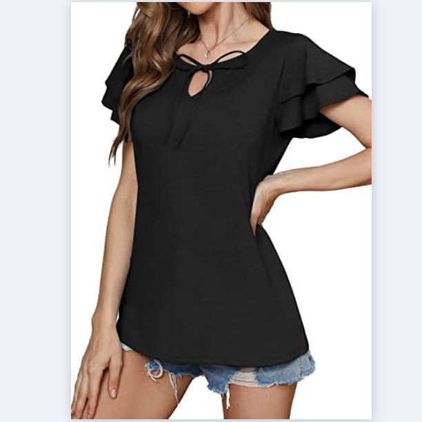 Casual Solid Color V-Neck Tie With Ruffle Sleeve T-Shirt Wholesale Women'S Top