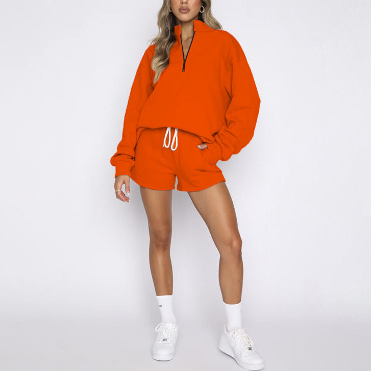 Solid Color Stand Collar Zipper Pullover Sweatshirt And Shorts Set Wholesale Womens Clothing N3823103000018
