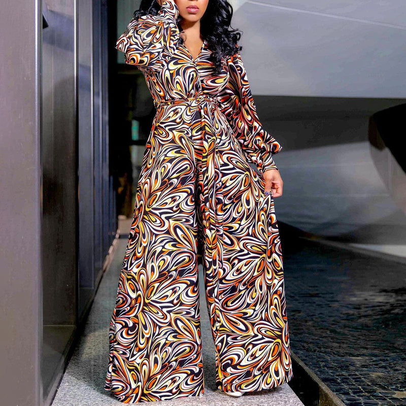 All Over Print Long Sleeve V Neck Wide Leg Jumpsuit Wholesale Plus Size Womens Clothing